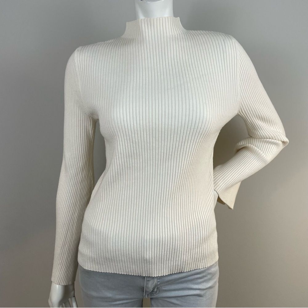 MOTF Ivory Ribbed Mock Neck Pearl Button Bell Sleeve Sweater